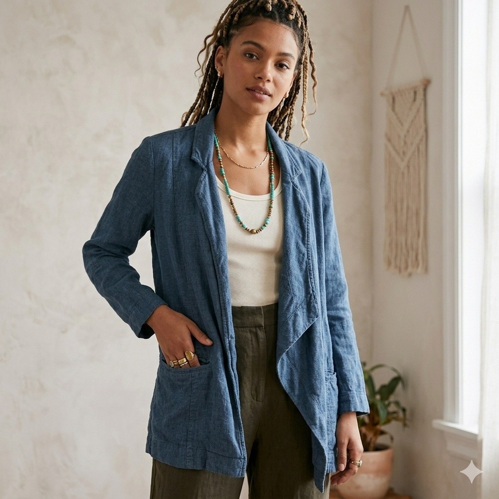 Anthropologie Jacket Womens 8 Blue Linen Blend Open Front Drape Coastal Boho